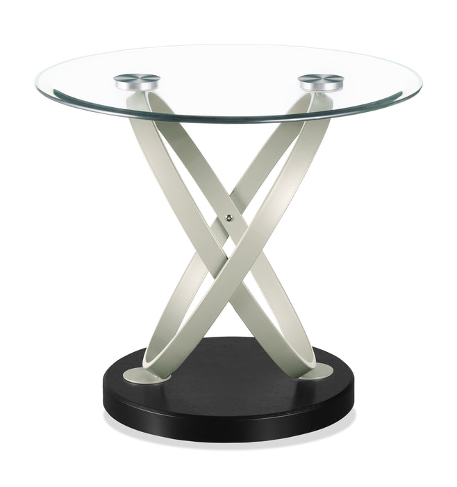Table de bout ronde moderne Vikki de 26 po avec dessus en verre - verre avec base en métal