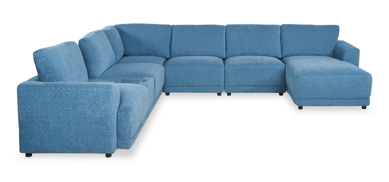 Sofa sectionnel modulaire de droite Voyage 7 pièces en tissu avec console et coussins de dossier amovibles - bleu