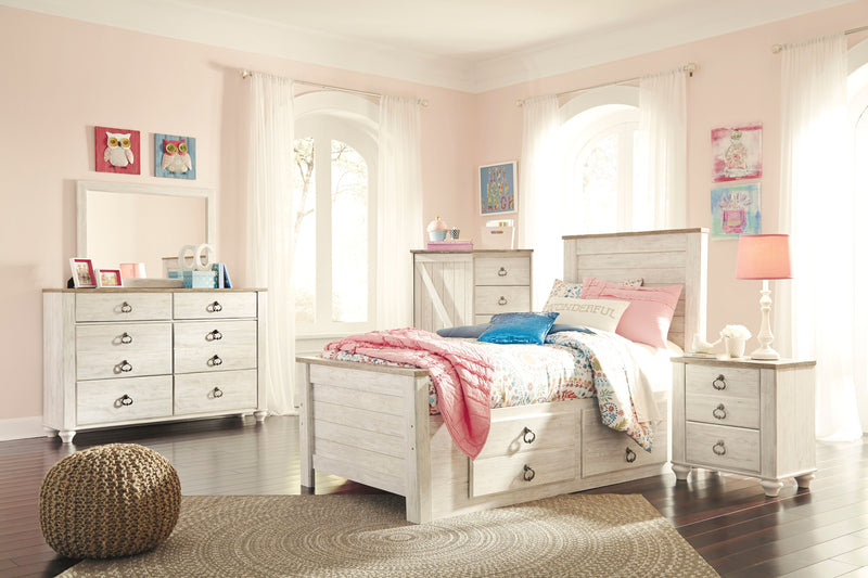 Lit plateforme de rangement Willowton pour enfants avec tête de lit et cadre de lit, blanchi - format lit double
