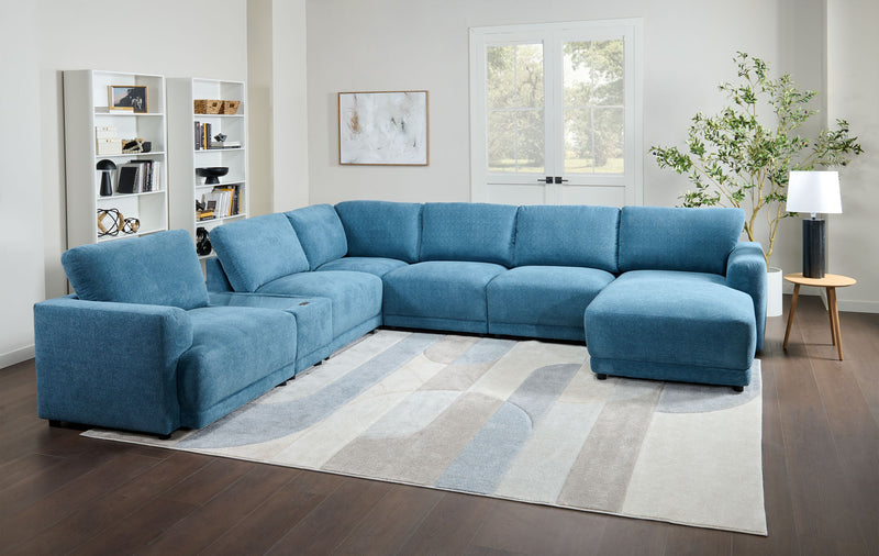 Sofa sectionnel modulaire de droite Voyage 7 pièces en tissu avec console et coussins de dossier amovibles - bleu
