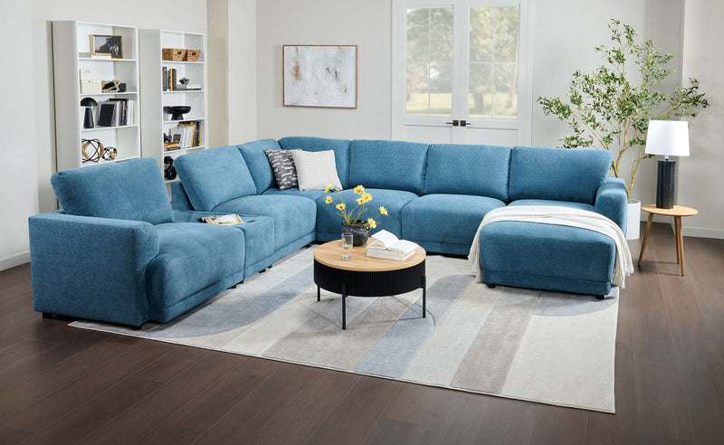 Sofa sectionnel modulaire de droite Voyage 7 pièces en tissu avec console et coussins de dossier amovibles - bleu