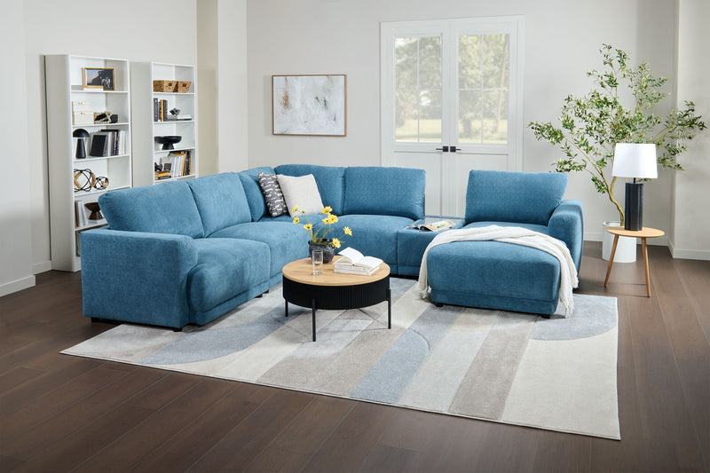 Sofa sectionnel modulaire de droite Voyage 6 pièces en tissu avec console et coussins de dossier amovibles - bleu