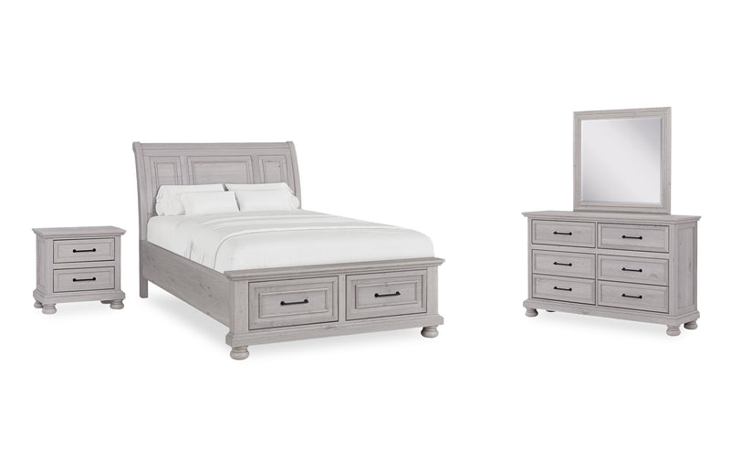 Ensemble de chambre à coucher Kylie 6 pièces sable avec lit de rangement, commode, miroir et table de nuit - format lit double