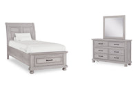 Ensemble de chambre à coucher Kylie 5 pièces sable avec lit de rangement, commode et miroir - format lit simple