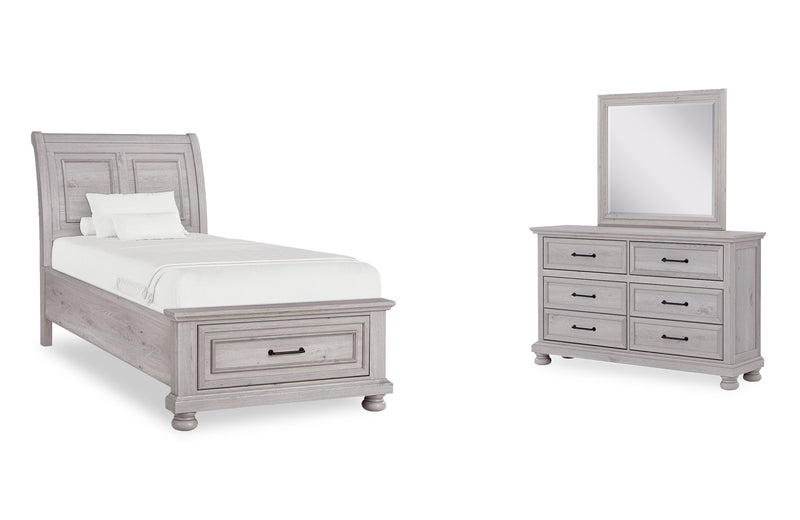 Ensemble de chambre à coucher Kylie 5 pièces sable avec lit de rangement, commode et miroir - format lit simple