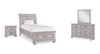 Ensemble de chambre à coucher Kylie 6 pièces sable avec lit de rangement, commode, miroir et table de nuit - format lit simple