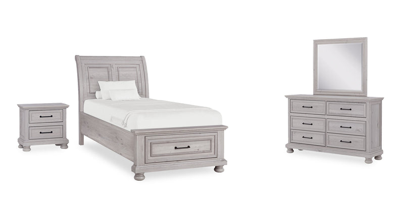Ensemble de chambre à coucher Kylie 6 pièces sable avec lit de rangement, commode, miroir et table de nuit - format lit simple