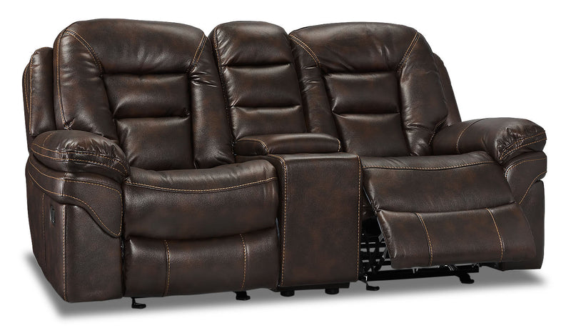 Causeuse coulissante inclinable Leo de 78 po en tissu d’apparence cuir avec console de rangement - brun noyer