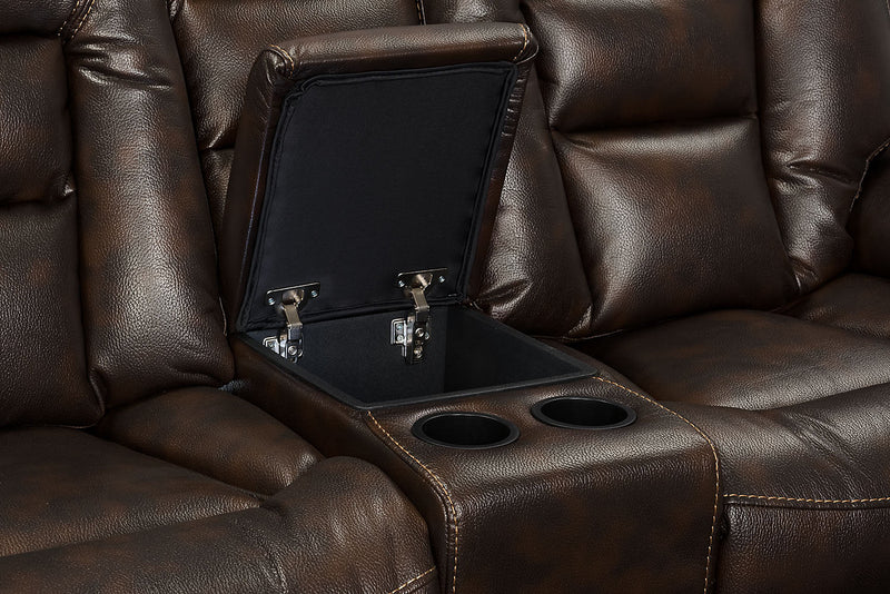 Causeuse coulissante inclinable Leo de 78 po en tissu d’apparence cuir avec console de rangement - brun noyer
