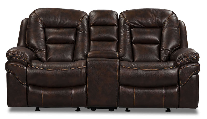 Causeuse coulissante inclinable Leo de 78 po en tissu d’apparence cuir avec console de rangement - brun noyer