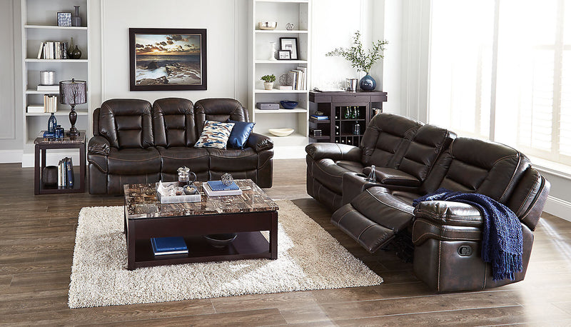 Causeuse coulissante inclinable Leo de 78 po en tissu d’apparence cuir avec console de rangement - brun noyer