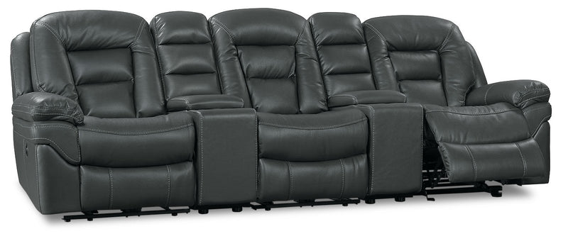 Sofa sectionnel inclinable Leo 5 pièces de style cinéma maison en tissu d’apparence cuir avec consoles de rangement et porte-gobelets - gris