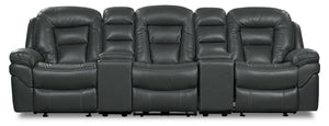 Sofa sectionnel inclinable Leo 5 pièces de style cinéma maison en tissu d’apparence cuir avec consoles de rangement et porte-gobelets - gris
