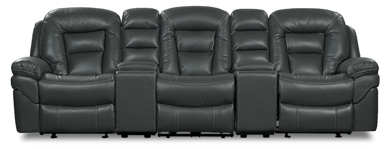 Sofa sectionnel inclinable Leo 5 pièces de style cinéma maison en tissu d’apparence cuir avec consoles de rangement et porte-gobelets - gris
