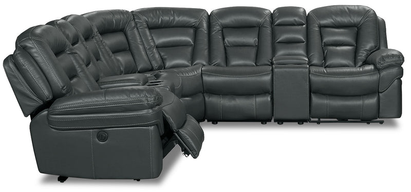 Sofa sectionnel à inclinaison électrique Leo 7 pièces en tissu d’apparence cuir avec consoles de rangement et porte-gobelets - gris