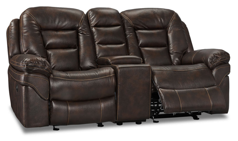 Causeuse à inclinaison électrique Leo de 78 po en tissu d’apparence cuir avec console de rangement - brun noyer
