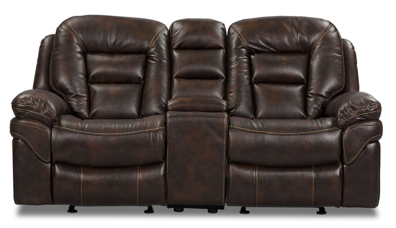 Causeuse à inclinaison électrique Leo de 78 po en tissu d’apparence cuir avec console de rangement - brun noyer