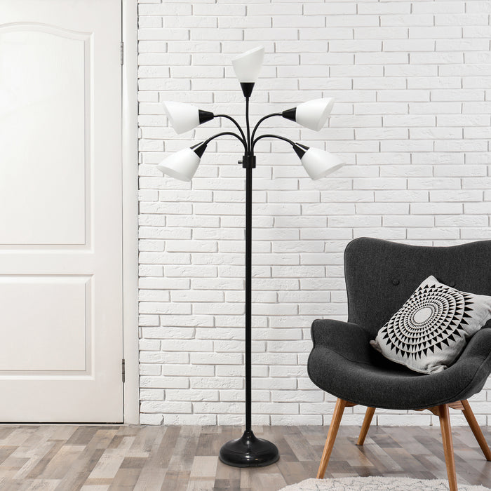 Lampe à pied contemporaine Medusa de Simple Designs de 67 po à plusieurs têtes à 5 ampoules avec col de cygne réglable - noire et blanche