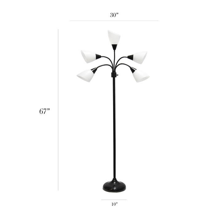 Lampe à pied contemporaine Medusa de Simple Designs de 67 po à plusieurs têtes à 5 ampoules avec col de cygne réglable - noire et blanche