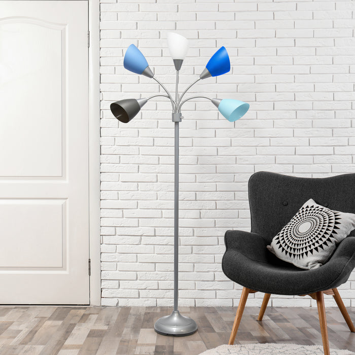 Lampe à pied contemporaine Medusa de Simple Designs de 67 po à plusieurs têtes à 5 ampoules avec col de cygne réglable - bleue, blanche et grise