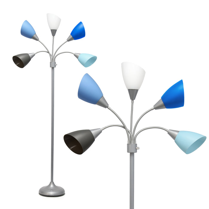 Lampe à pied contemporaine Medusa de Simple Designs de 67 po à plusieurs têtes à 5 ampoules avec col de cygne réglable - bleue, blanche et grise