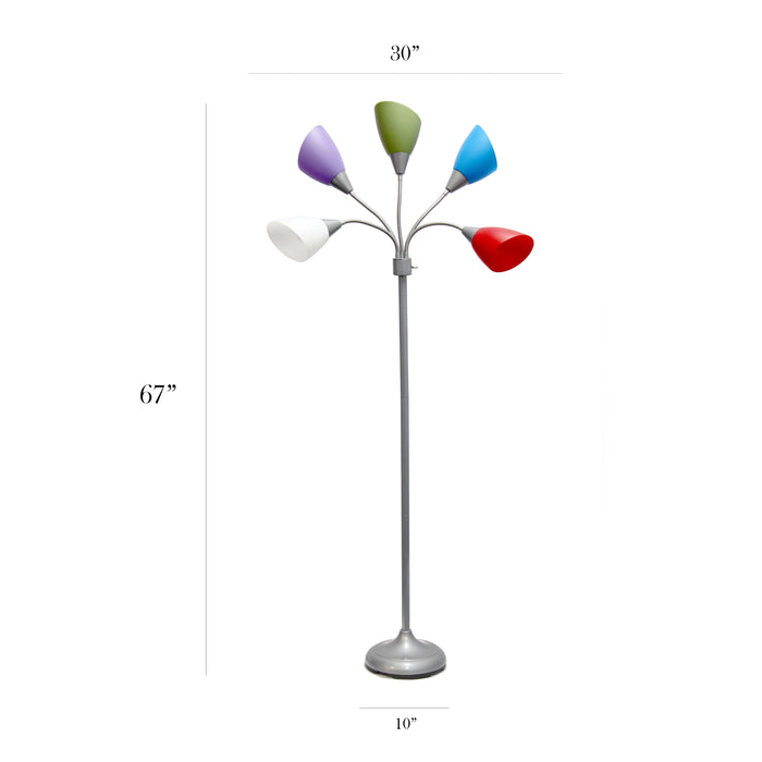 Lampe à pied contemporaine Medusa de Simple Designs de 67 po à plusieurs têtes à 5 ampoules avec col de cygne réglable et abat-jours primaires multicolores - argentée