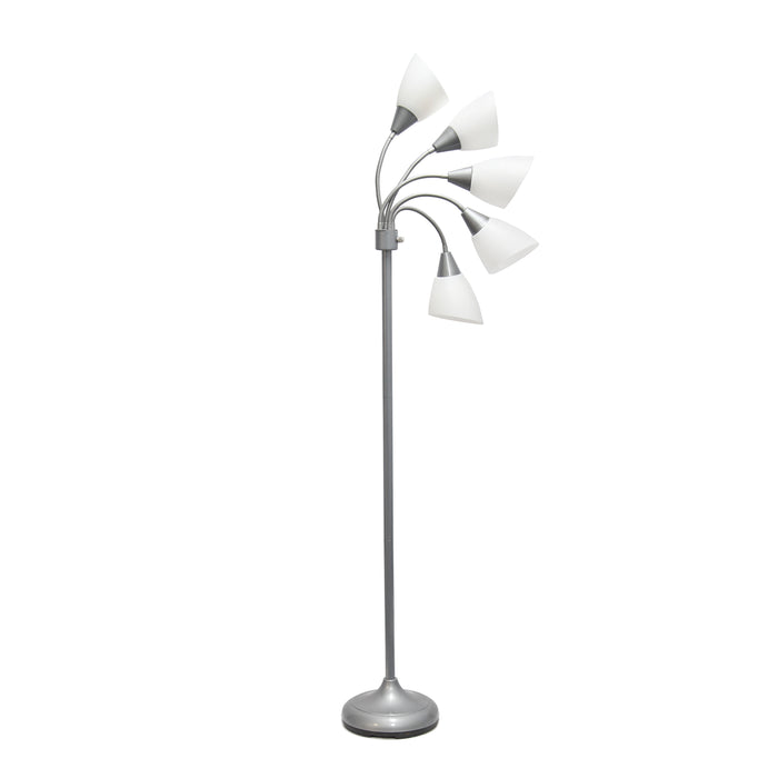 Lampe à pied contemporaine Medusa de Simple Designs de 67 po à plusieurs têtes à 5 ampoules avec col de cygne réglable et abat-jours blancs - argentée