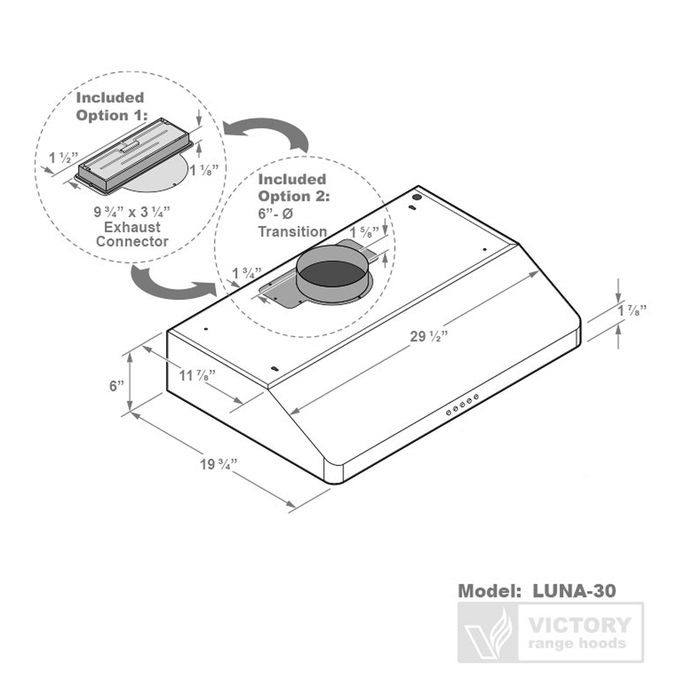 Hotte de cuisinière sous l'armoire Victory de 30 po et de 600 pi3/min en acier inoxydable - Luna-M-30