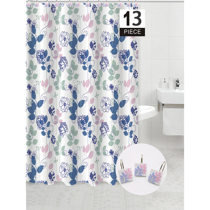 Rideau de douche PEVA floral bleu avec 12 crochets en polyrésine