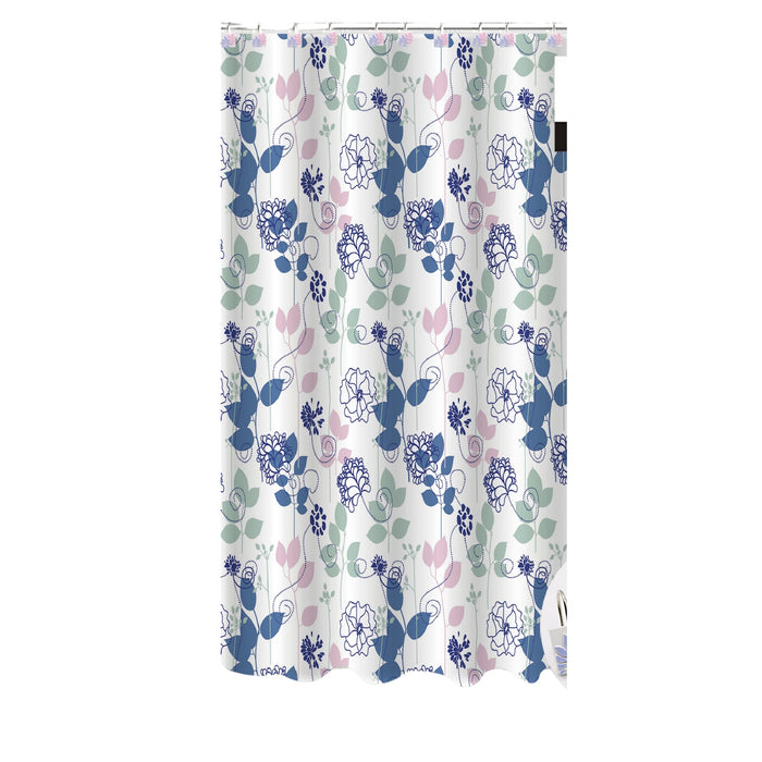 Rideau de douche PEVA floral bleu avec 12 crochets en polyrésine