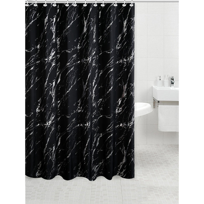 Rideau de douche en polyester noir et aluminium argenté à motif de marbre