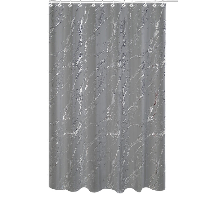 Rideau de douche en polyester gris et aluminium argenté imprimé d’un motif de marbre