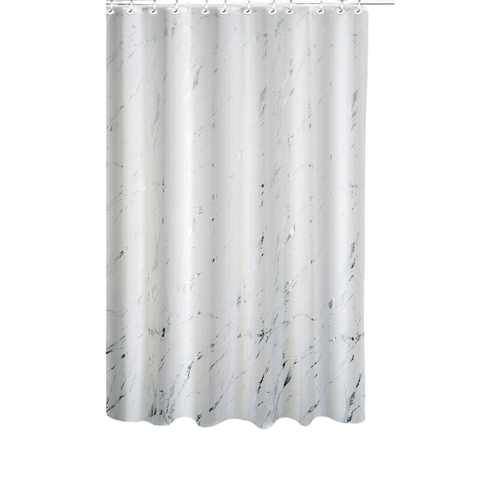 Rideau de douche en polyester blanc et aluminium argenté imprimé d’un motif de marbre