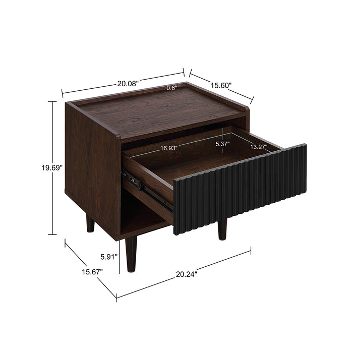 Table de nuit moderne Duane de Manhattan Comfort avec cannelures et tiroir à extension complète - brun foncé et noire