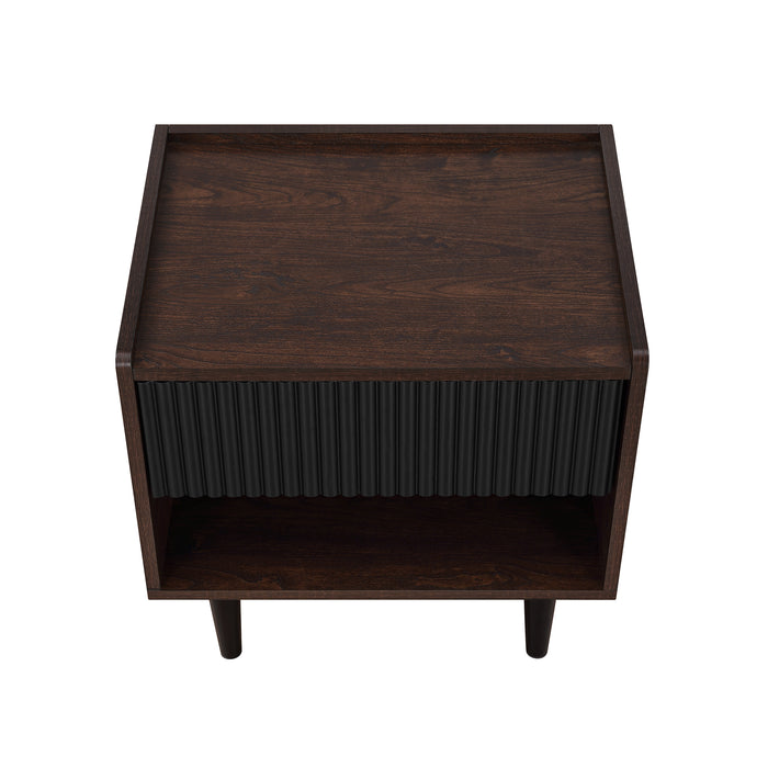 Table de nuit moderne Duane de Manhattan Comfort avec cannelures et tiroir à extension complète - brun foncé et noire