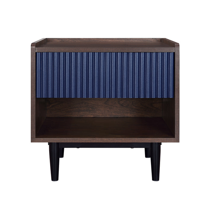 Table de nuit moderne Duane de Manhattan Comfort avec cannelures et tiroir à extension complète - brun foncé et bleu marine