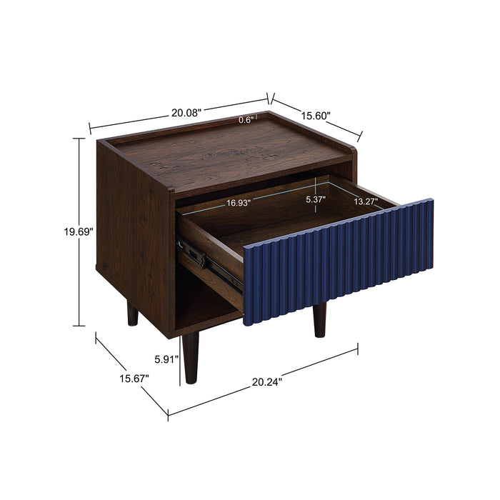 Table de nuit moderne Duane de Manhattan Comfort avec cannelures et tiroir à extension complète - brun foncé et bleu marine