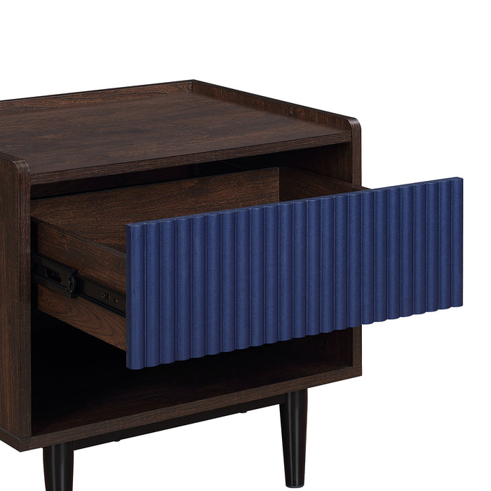 Table de nuit moderne Duane de Manhattan Comfort avec cannelures et tiroir à extension complète - brun foncé et bleu marine