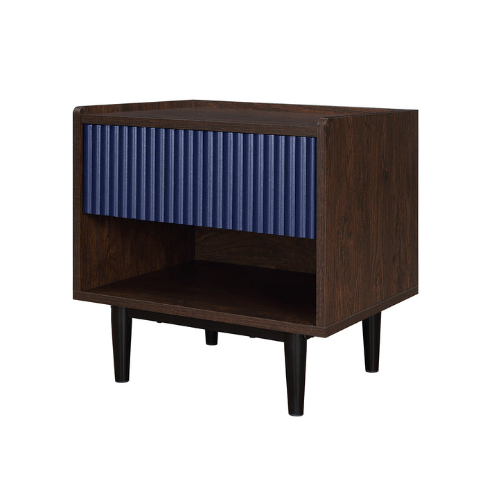 Table de nuit moderne Duane de Manhattan Comfort avec cannelures et tiroir à extension complète - brun foncé et bleu marine