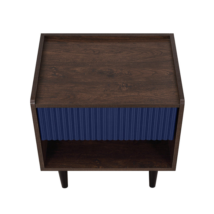 Table de nuit moderne Duane de Manhattan Comfort avec cannelures et tiroir à extension complète - brun foncé et bleu marine