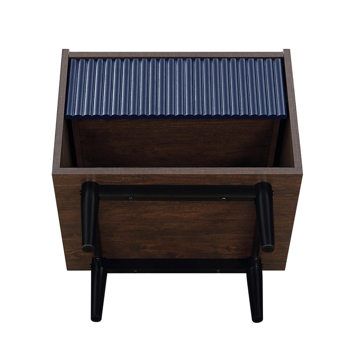 Table de nuit moderne Duane de Manhattan Comfort avec cannelures et tiroir à extension complète - brun foncé et bleu marine