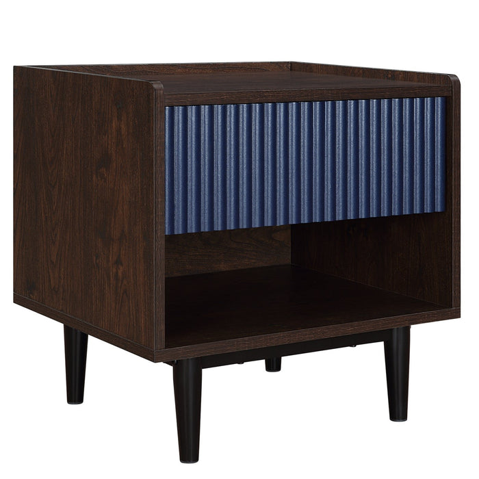 Table de nuit moderne Duane de Manhattan Comfort avec cannelures et tiroir à extension complète - brun foncé et bleu marine