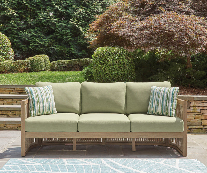 Sofa Oasis pour la terrasse à l’extérieur - eucalyptus, corde et tissu NuvellaMD, résistant aux intempéries - naturel et vert