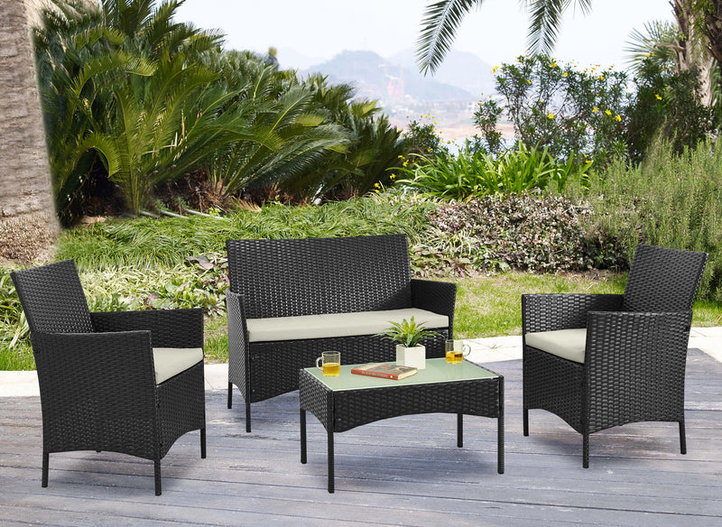 Ensemble de conversation Imperia de Manhattan Comfort 4 pièces en acier et en rotin pour la terrasse - crème