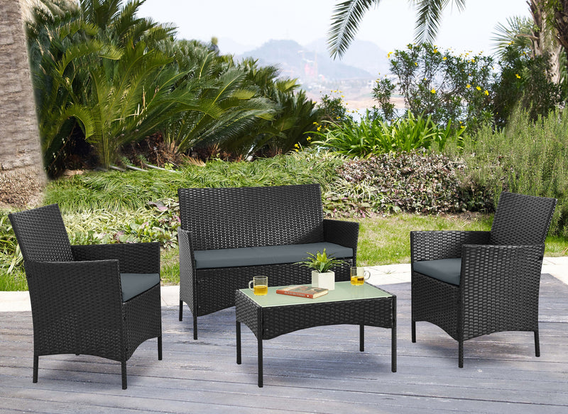 Ensemble de conversation Imperia de Manhattan Comfort 4 pièces en acier et en rotin avec coussins pour la terrasse - gris