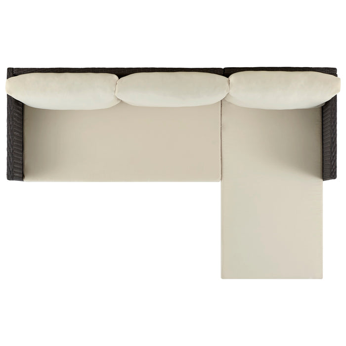 Ensemble de chaise longue et causeuse Menton de Manhattan Comfort 2 pièces en acier et en rotin avec table à café pour la terrasse - crème