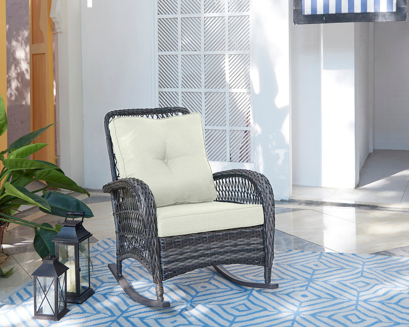 Fauteuil berçant Furttuo de Manhattan Comfort en acier et en rotin pour la terrasse et l’extérieur - crème