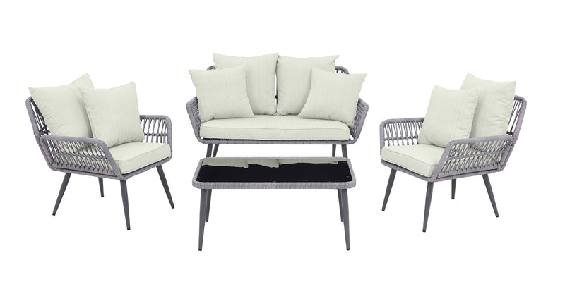 Ensemble de conversation Portofino de Manhattan Comfort 4 pièces en corde et en osier avec coussins pour la terrasse - crème