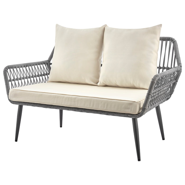 Ensemble de conversation Portofino de Manhattan Comfort 4 pièces en corde et en osier avec coussins pour la terrasse - crème