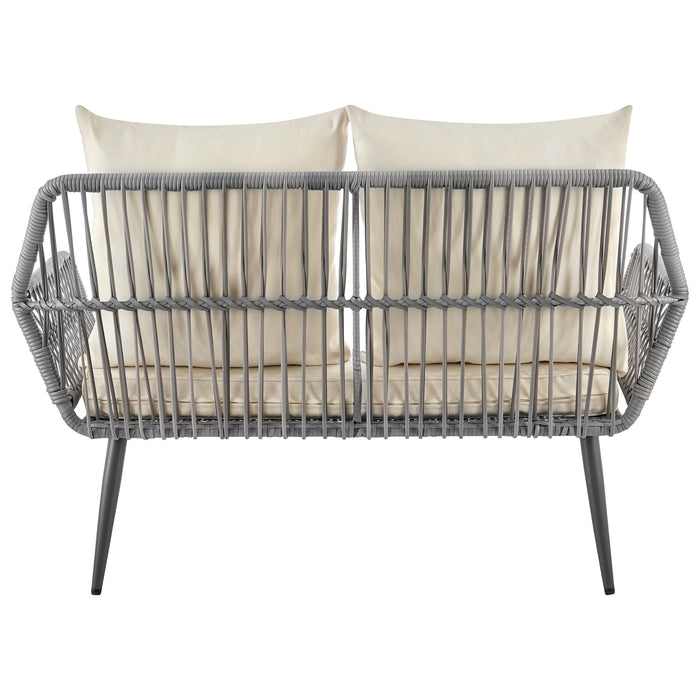 Ensemble de conversation Portofino de Manhattan Comfort 4 pièces en corde et en osier avec coussins pour la terrasse - crème